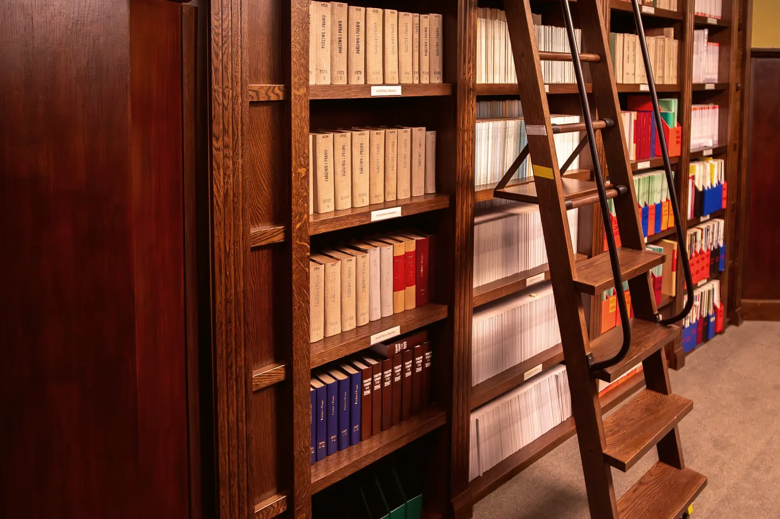 A rolling ladder resting against tall library shelves of bound periodicals.